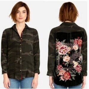 Johnny Was SZM Silk &Velvet Camo Embroidered Top Dragon Art to Wear Boho 70's